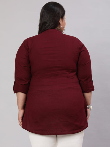 Women Plus Size Burgundy Ethnic Tunic With Three Quarter Sleeves | LASVINI - Redefining Indian Fashion with Elegance