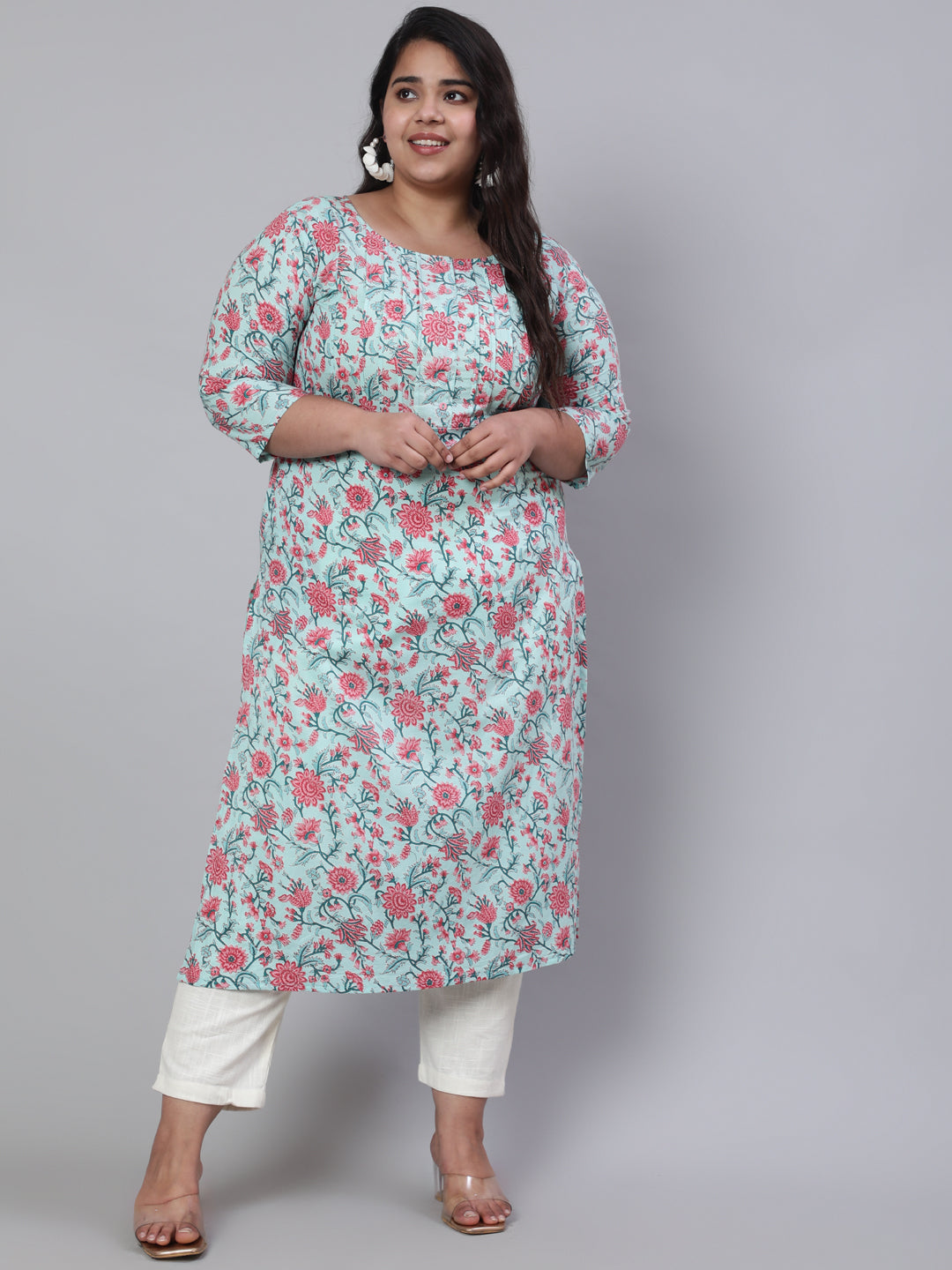 Plus Size Women Green Printed Straight Kurta With Three Quarters Sleeves | LASVINI - Redefining Indian Fashion with Elegance