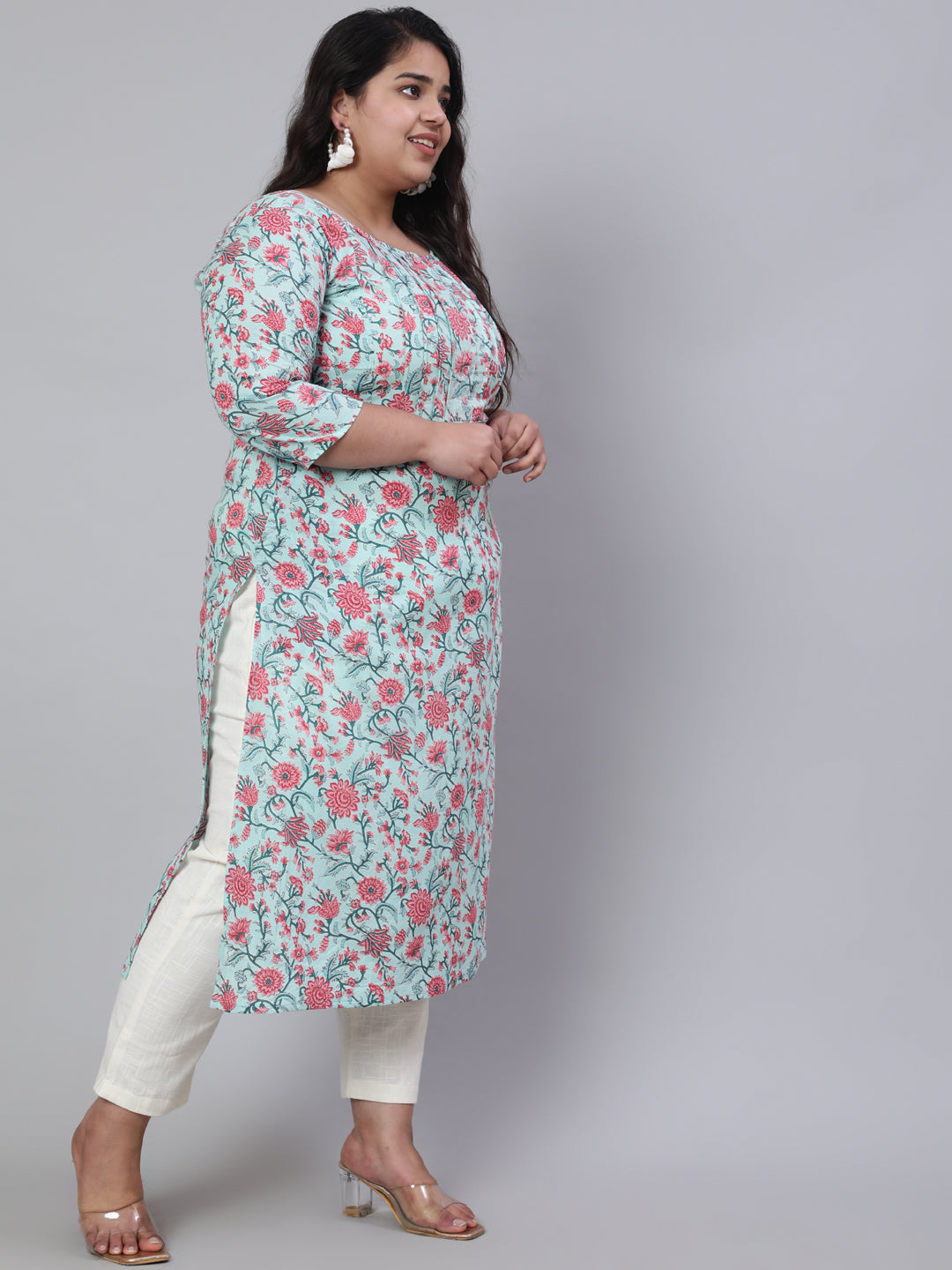 Plus Size Women Green Printed Straight Kurta With Three Quarters Sleeves | LASVINI - Redefining Indian Fashion with Elegance