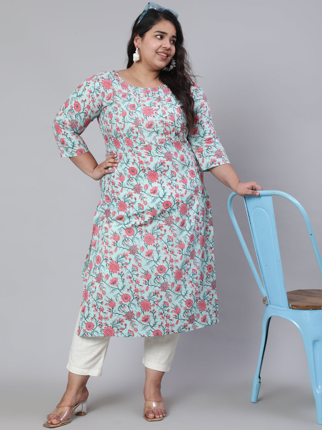 Plus Size Women Green Printed Straight Kurta With Three Quarters Sleeves | LASVINI - Redefining Indian Fashion with Elegance