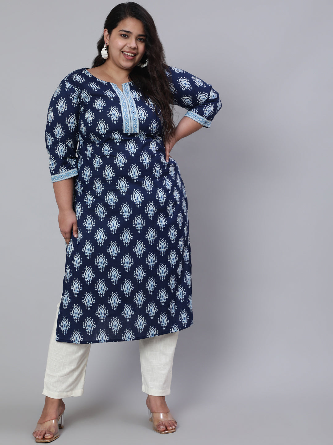 Plus Size Women Blue Printed Straight Kurta With Three Quarters Sleeves | LASVINI - Redefining Indian Fashion with Elegance