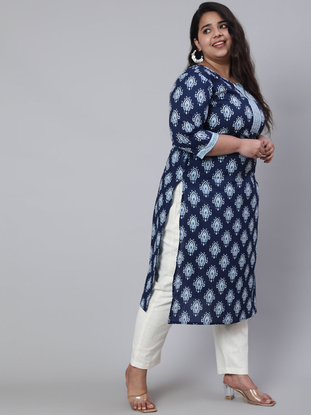 Plus Size Women Blue Printed Straight Kurta With Three Quarters Sleeves | LASVINI - Redefining Indian Fashion with Elegance