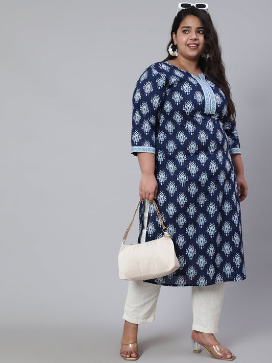 Plus Size Women Blue Printed Straight Kurta With Three Quarters Sleeves | LASVINI - Redefining Indian Fashion with Elegance