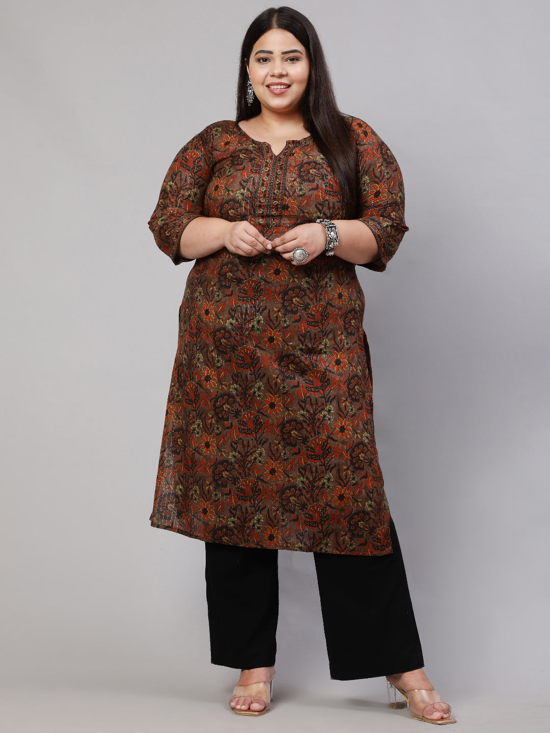 Women Plus Size Multi Printed Straight Kurta With Three Quarters Sleeves | LASVINI - Redefining Indian Fashion with Elegance