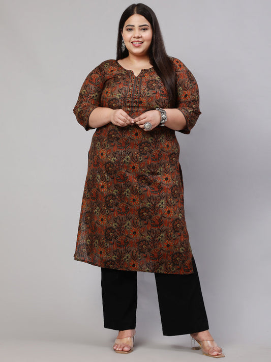 Women Plus Size Multi Printed Straight Kurta With Three Quarters Sleeves | LASVINI - Redefining Indian Fashion with Elegance