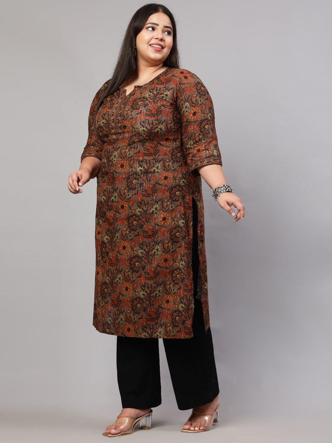 Women Plus Size Multi Printed Straight Kurta With Three Quarters Sleeves | LASVINI - Redefining Indian Fashion with Elegance