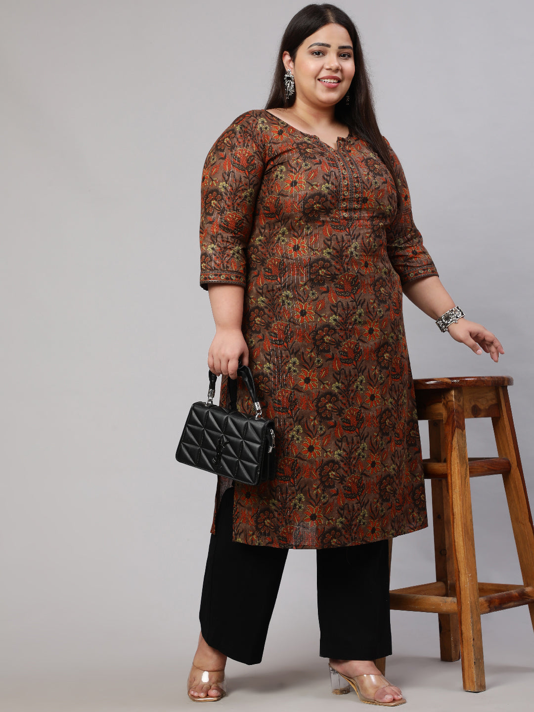 Women Plus Size Multi Printed Straight Kurta With Three Quarters Sleeves | LASVINI - Redefining Indian Fashion with Elegance