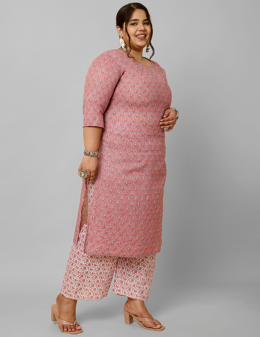 Women Plus Size Pink Printed Kurta And Palazzo With Dupatta | LASVINI - Redefining Indian Fashion with Elegance