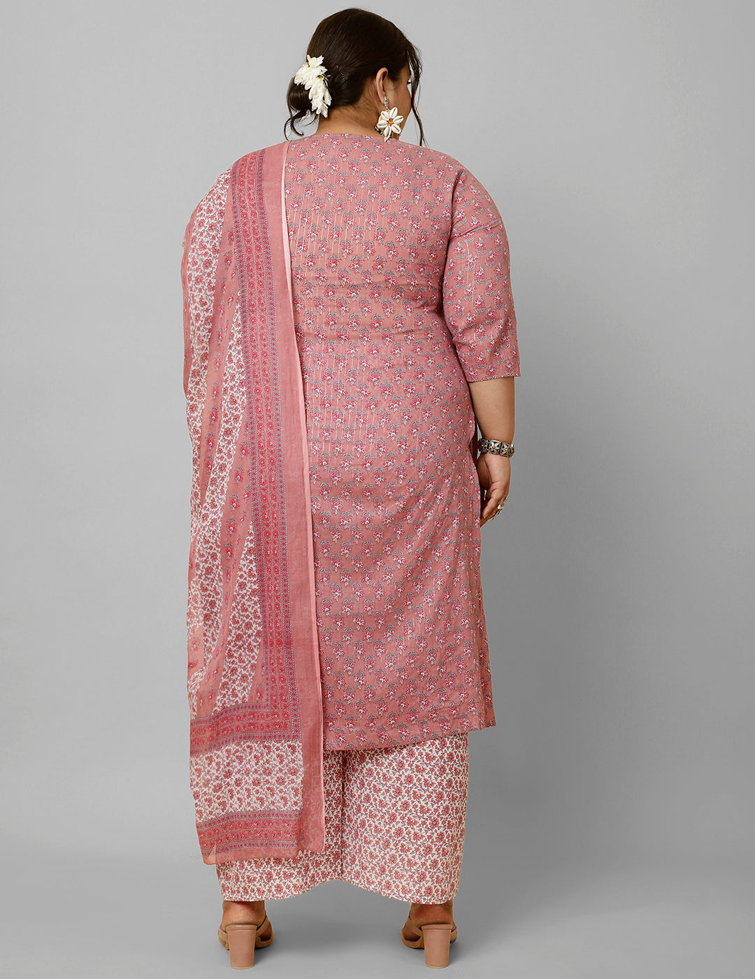 Women Plus Size Pink Printed Kurta And Palazzo With Dupatta | LASVINI - Redefining Indian Fashion with Elegance