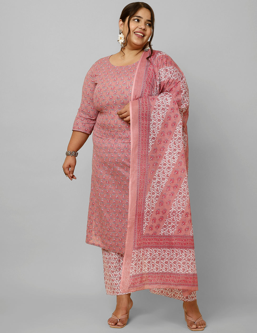 Women Plus Size Pink Printed Kurta And Palazzo With Dupatta | LASVINI - Redefining Indian Fashion with Elegance