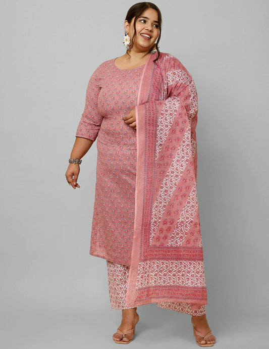 Women Plus Size Pink Printed Kurta And Palazzo With Dupatta | LASVINI - Redefining Indian Fashion with Elegance