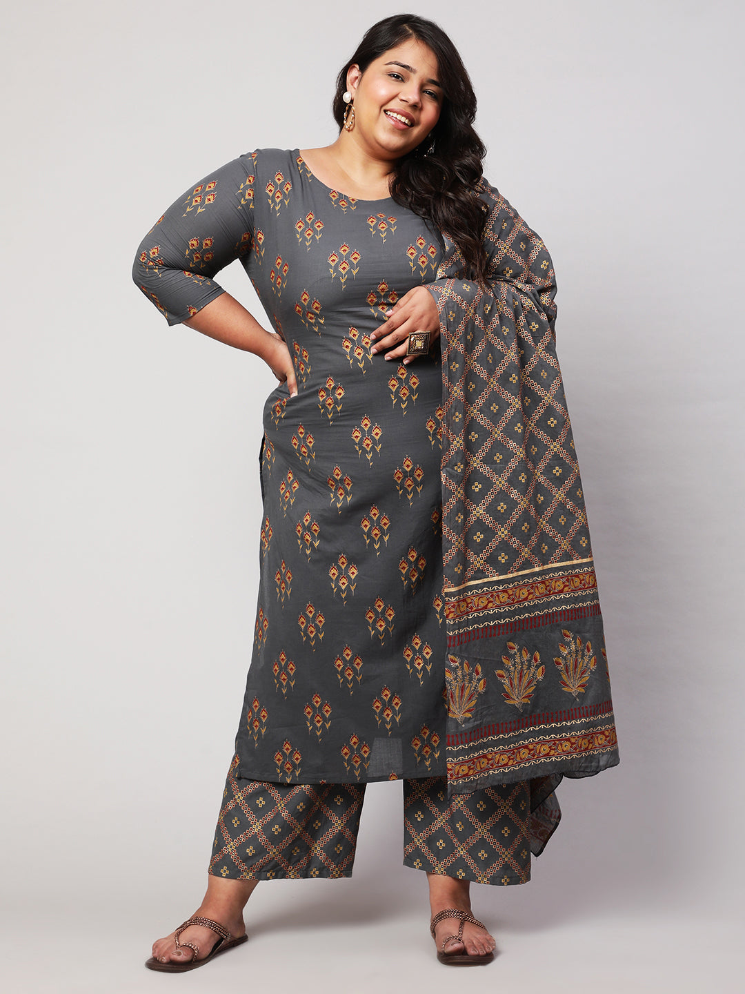 Women Plus Size Grey Printed Kurta And Palazzo With Dupatta | LASVINI - Redefining Indian Fashion with Elegance
