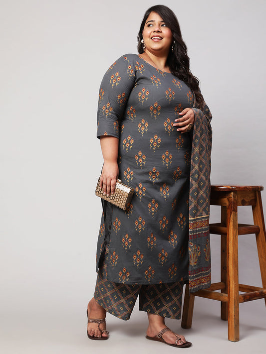 Women Plus Size Grey Printed Kurta And Palazzo With Dupatta | LASVINI - Redefining Indian Fashion with Elegance