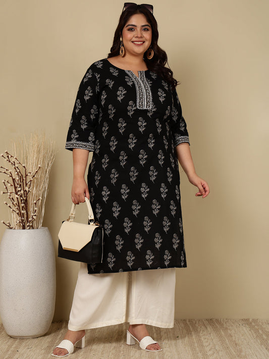 Plus Size Black Printed Straight Kurta For Women | LASVINI - Redefining Indian Fashion with Elegance