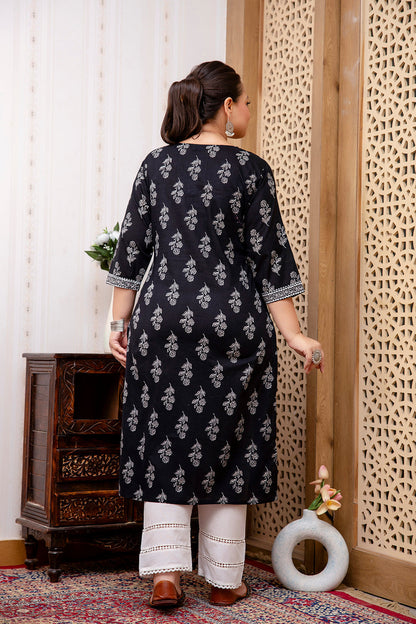 Plus Size Black Printed Straight Kurta For Women | LASVINI - Redefining Indian Fashion with Elegance