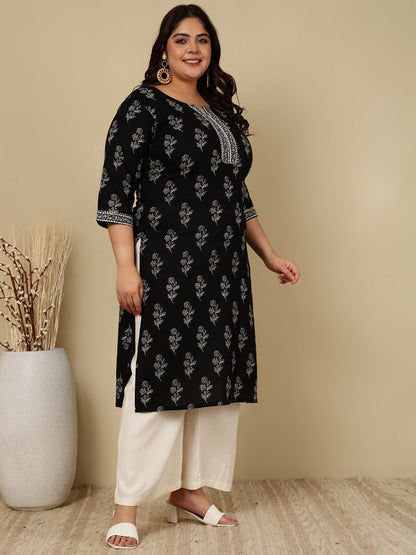 Plus Size Black Printed Straight Kurta For Women | LASVINI - Redefining Indian Fashion with Elegance