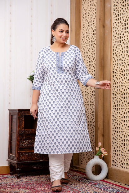 Plus Size White Printed Straight Kurta For Women | LASVINI - Redefining Indian Fashion with Elegance
