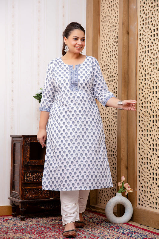 Plus Size White Printed Straight Kurta For Women | LASVINI - Redefining Indian Fashion with Elegance