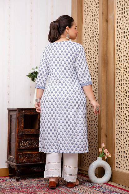 Plus Size White Printed Straight Kurta For Women | LASVINI - Redefining Indian Fashion with Elegance