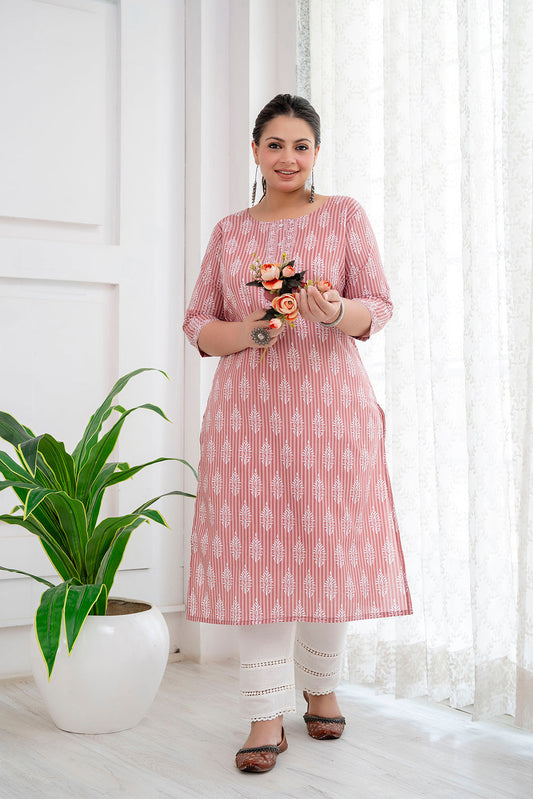 Plus Size Pink Printed Straight Kurta For Women | LASVINI - Redefining Indian Fashion with Elegance