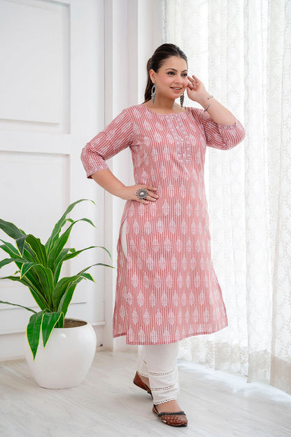 Plus Size Pink Printed Straight Kurta For Women | LASVINI - Redefining Indian Fashion with Elegance