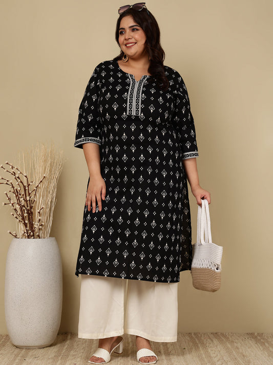 Plus Size Black Printed Straight Kurta For Women | LASVINI - Redefining Indian Fashion with Elegance