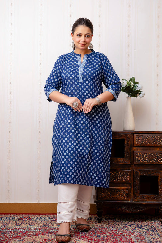 Plus Size Blue Printed Straight Kurta For Women | LASVINI - Redefining Indian Fashion with Elegance