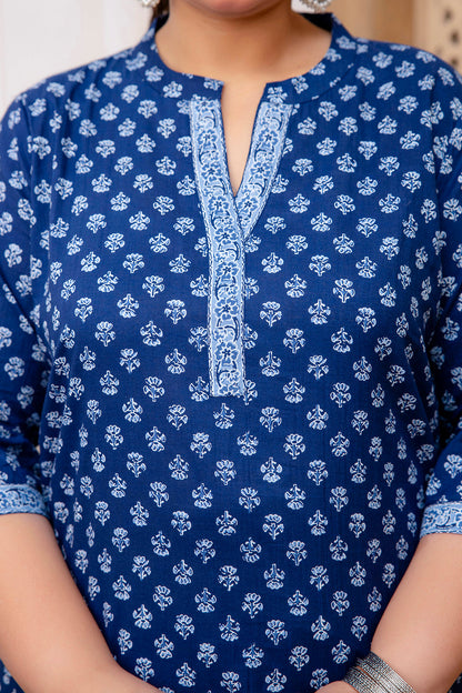 Plus Size Blue Printed Straight Kurta For Women | LASVINI - Redefining Indian Fashion with Elegance