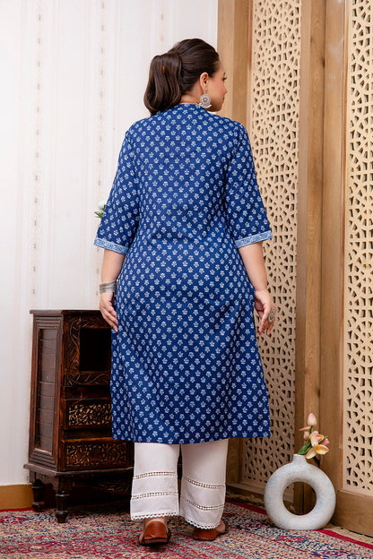 Plus Size Blue Printed Straight Kurta For Women | LASVINI - Redefining Indian Fashion with Elegance