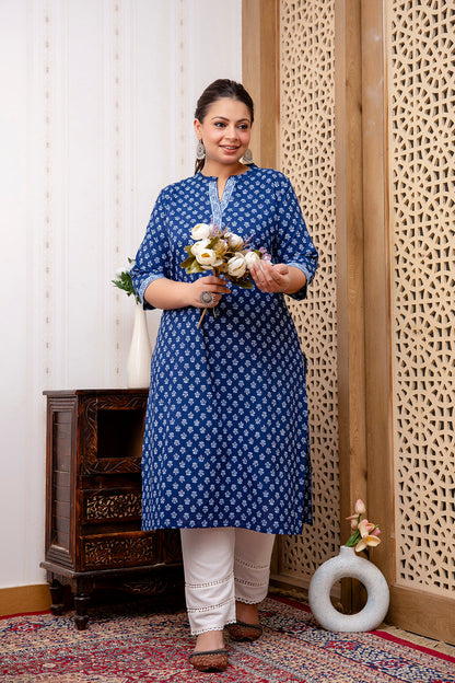 Plus Size Blue Printed Straight Kurta For Women | LASVINI - Redefining Indian Fashion with Elegance