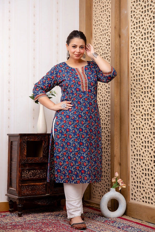 Plus Size Blue Printed Straight Kurta For Women | LASVINI - Redefining Indian Fashion with Elegance