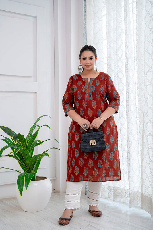 Plus Size Maroon Printed Straight Kurta For Women | LASVINI - Redefining Indian Fashion with Elegance