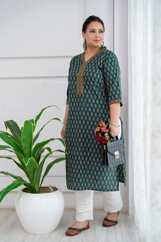 Plus Size Green Printed Straight Kurta For Women | LASVINI - Redefining Indian Fashion with Elegance