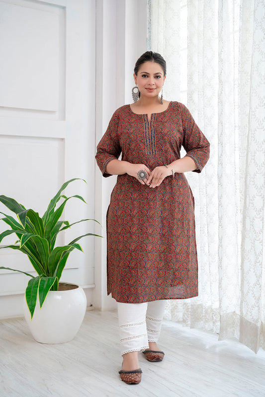 Plus Size Rust Printed Straight Kurta For Women | LASVINI - Redefining Indian Fashion with Elegance