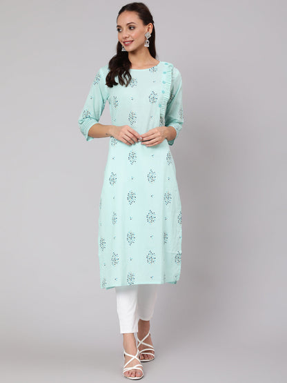 Women Powder Blue Calf Length Three-Quarter Sleeves Straight Floral Yoke Design Cotton Kurta | LASVINI - Redefining Indian Fashion with Elegance