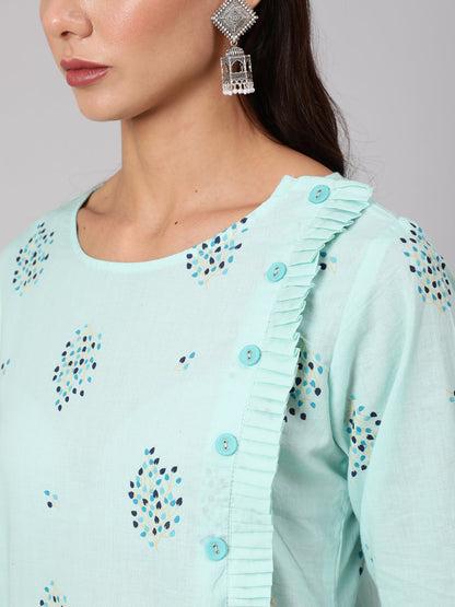 Women Powder Blue Calf Length Three-Quarter Sleeves Straight Floral Yoke Design Cotton Kurta | LASVINI - Redefining Indian Fashion with Elegance