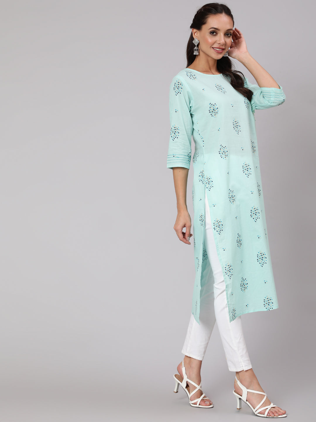 Women Powder Blue Calf Length Three-Quarter Sleeves Straight Floral Yoke Design Cotton Kurta | LASVINI - Redefining Indian Fashion with Elegance