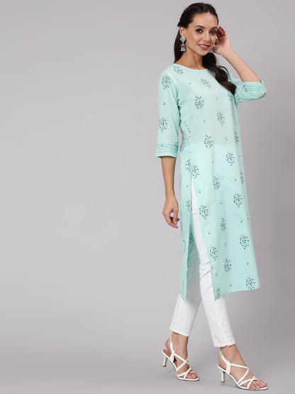 Women Powder Blue Calf Length Three-Quarter Sleeves Straight Floral Yoke Design Cotton Kurta | LASVINI - Redefining Indian Fashion with Elegance