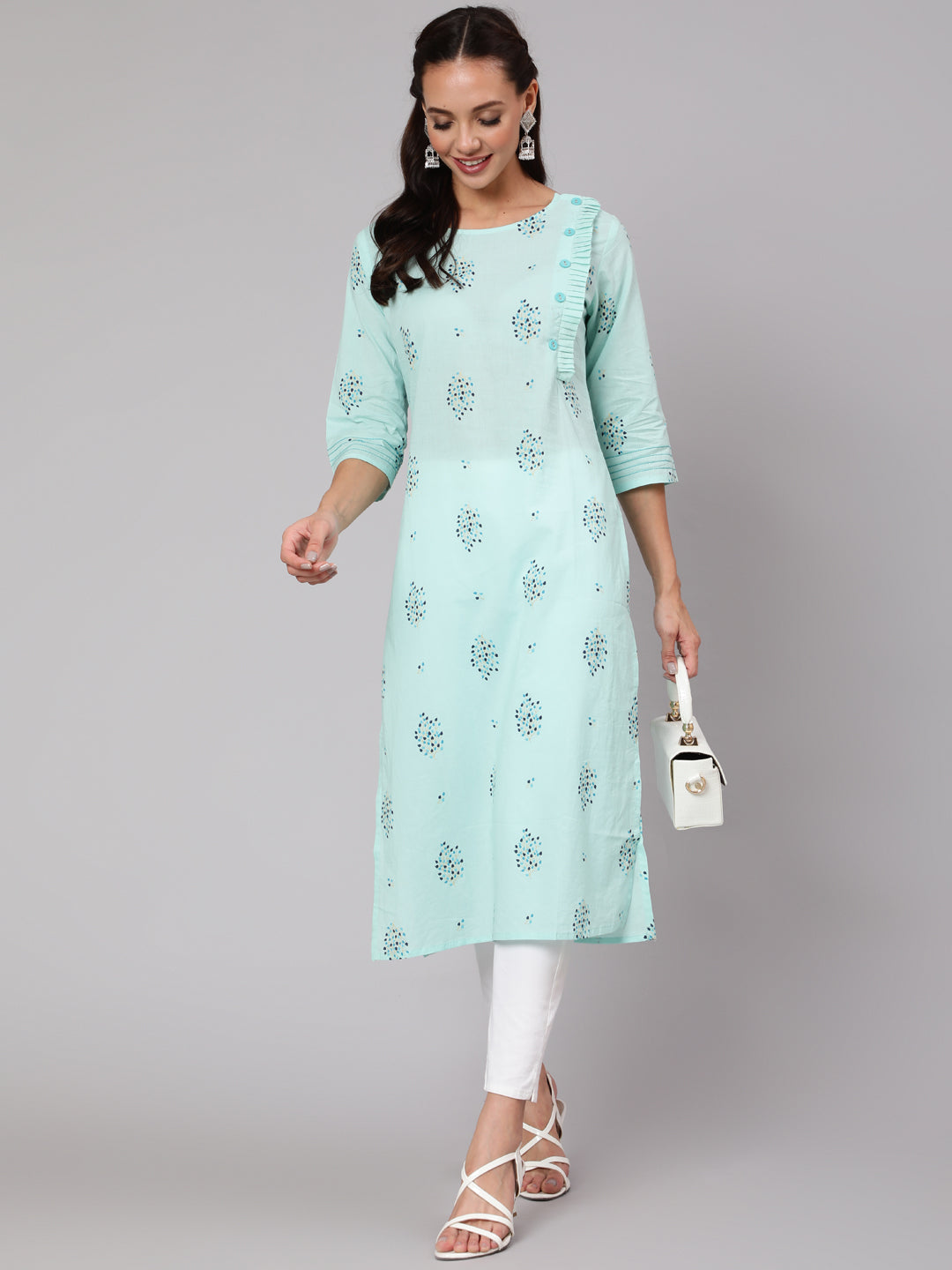Women Powder Blue Calf Length Three-Quarter Sleeves Straight Floral Yoke Design Cotton Kurta | LASVINI - Redefining Indian Fashion with Elegance