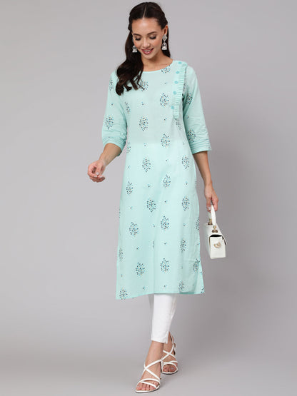 Women Powder Blue Calf Length Three-Quarter Sleeves Straight Floral Yoke Design Cotton Kurta | LASVINI - Redefining Indian Fashion with Elegance