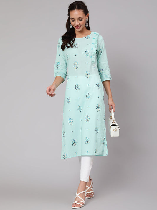 Women Powder Blue Calf Length Three-Quarter Sleeves Straight Floral Yoke Design Cotton Kurta | LASVINI - Redefining Indian Fashion with Elegance