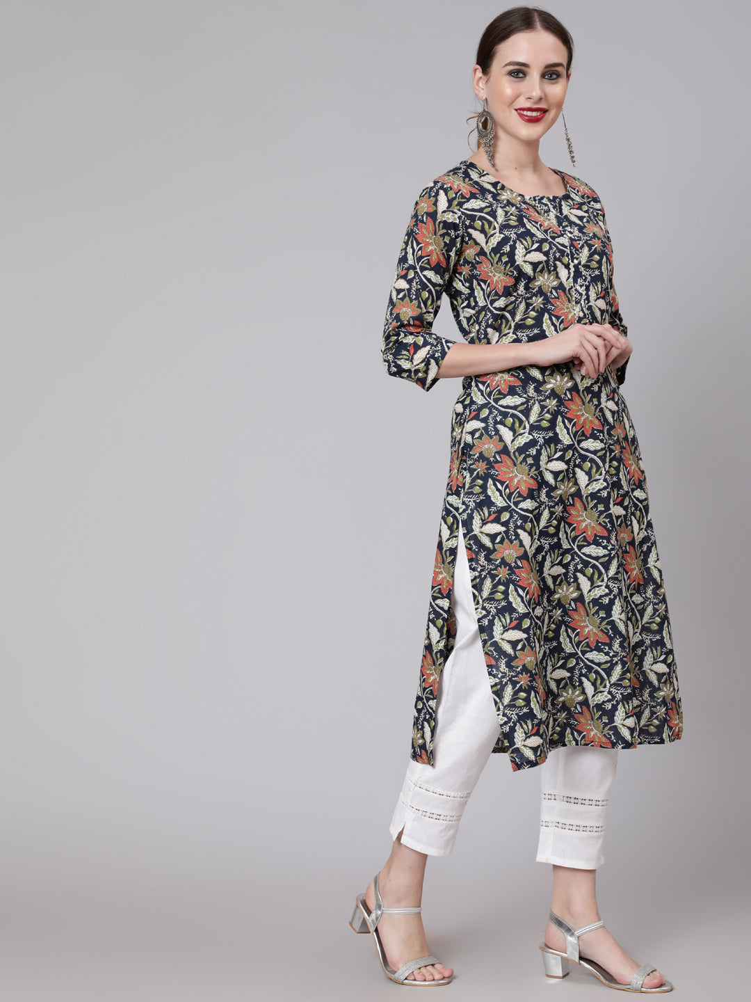 Women Navy Blue Floral Printed Straight Kurta With Three Quarter Sleeves | LASVINI - Redefining Indian Fashion with Elegance