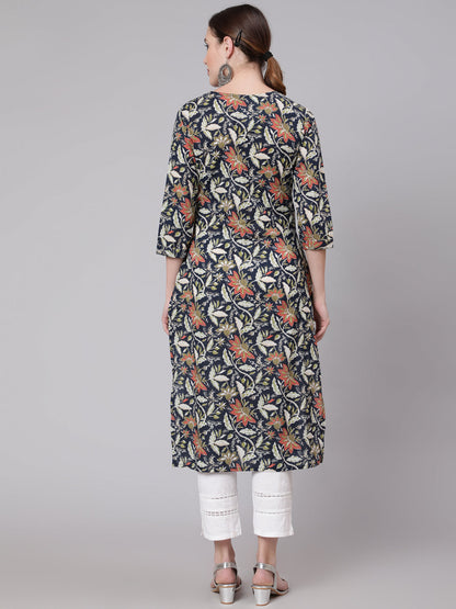 Women Navy Blue Floral Printed Straight Kurta With Three Quarter Sleeves | LASVINI - Redefining Indian Fashion with Elegance