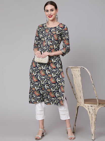 Women Navy Blue Floral Printed Straight Kurta With Three Quarter Sleeves | LASVINI - Redefining Indian Fashion with Elegance