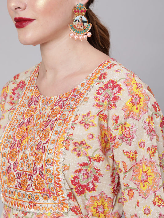 Women Multi Embroidered Printed Flared Dress With Three Quarter Sleeves | LASVINI - Redefining Indian Fashion with Elegance