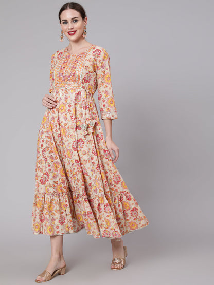 Women Multi Embroidered Printed Flared Dress With Three Quarter Sleeves | LASVINI - Redefining Indian Fashion with Elegance