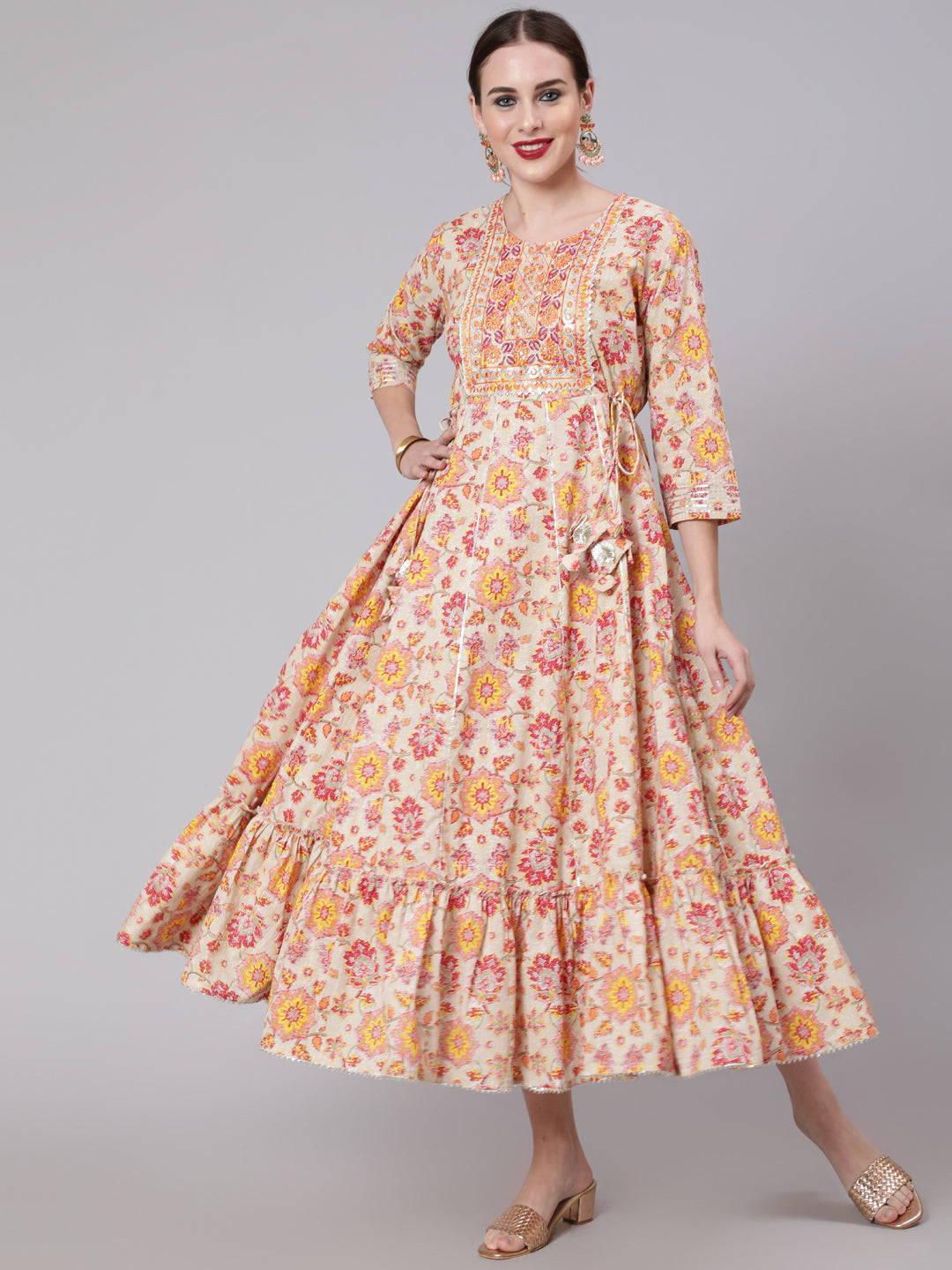 Women Multi Embroidered Printed Flared Dress With Three Quarter Sleeves | LASVINI - Redefining Indian Fashion with Elegance