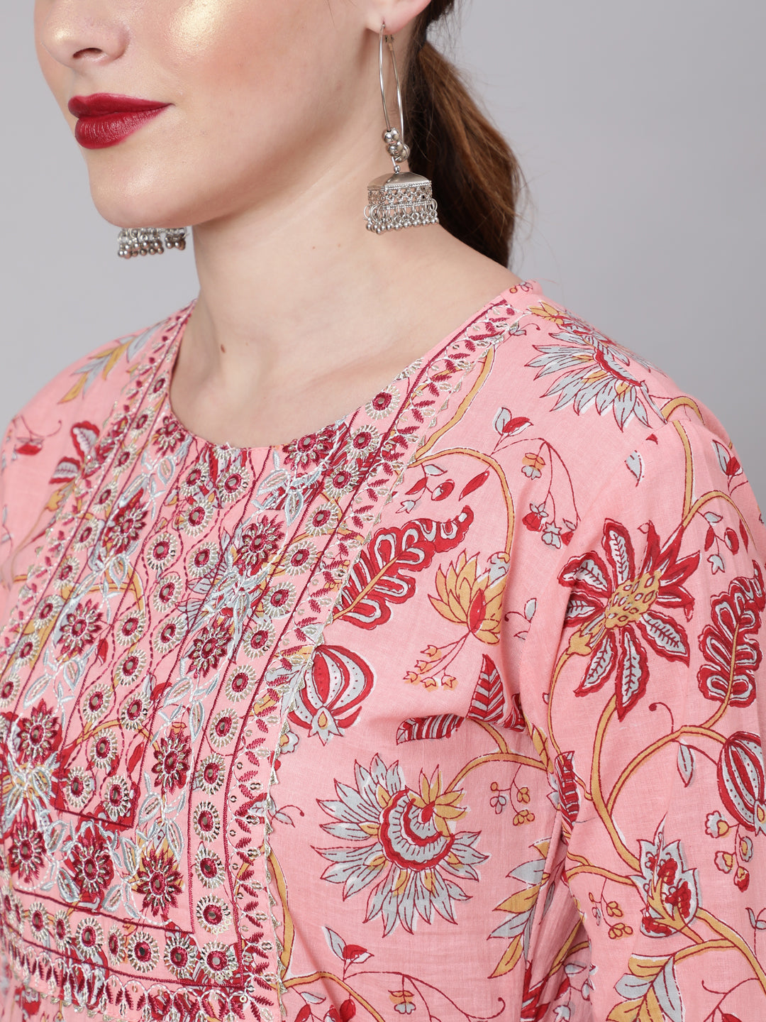 Women Peach Printed Embroidered Dress With Three Quarter Sleeves | LASVINI - Redefining Indian Fashion with Elegance