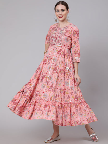 Women Peach Printed Embroidered Dress With Three Quarter Sleeves | LASVINI - Redefining Indian Fashion with Elegance
