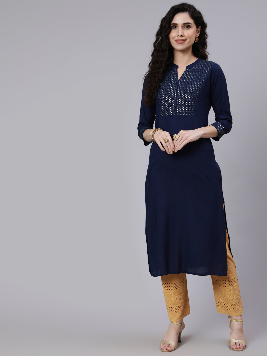 Women Navy Blue Embroidered Yoke Design Straight Kurta | LASVINI - Redefining Indian Fashion with Elegance